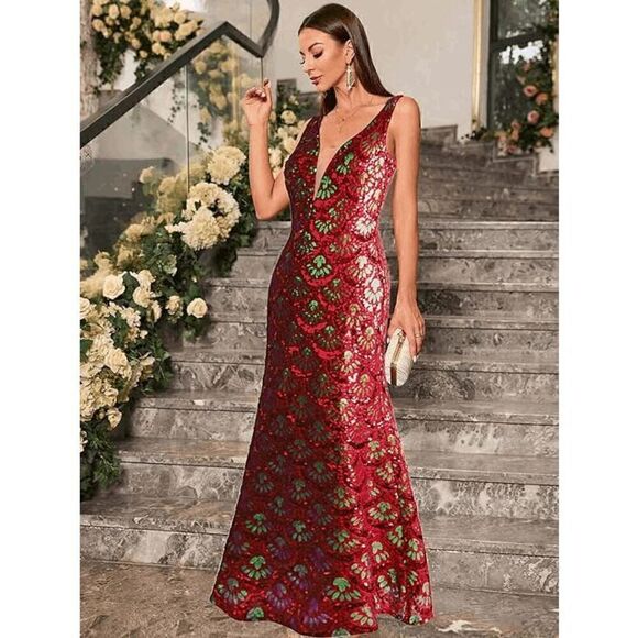 ✨❤️ Formal Red Sequin Mermaid Column Art Deco 1920s Long Gown Maxi Dress L NWT - Picture 10 of 13